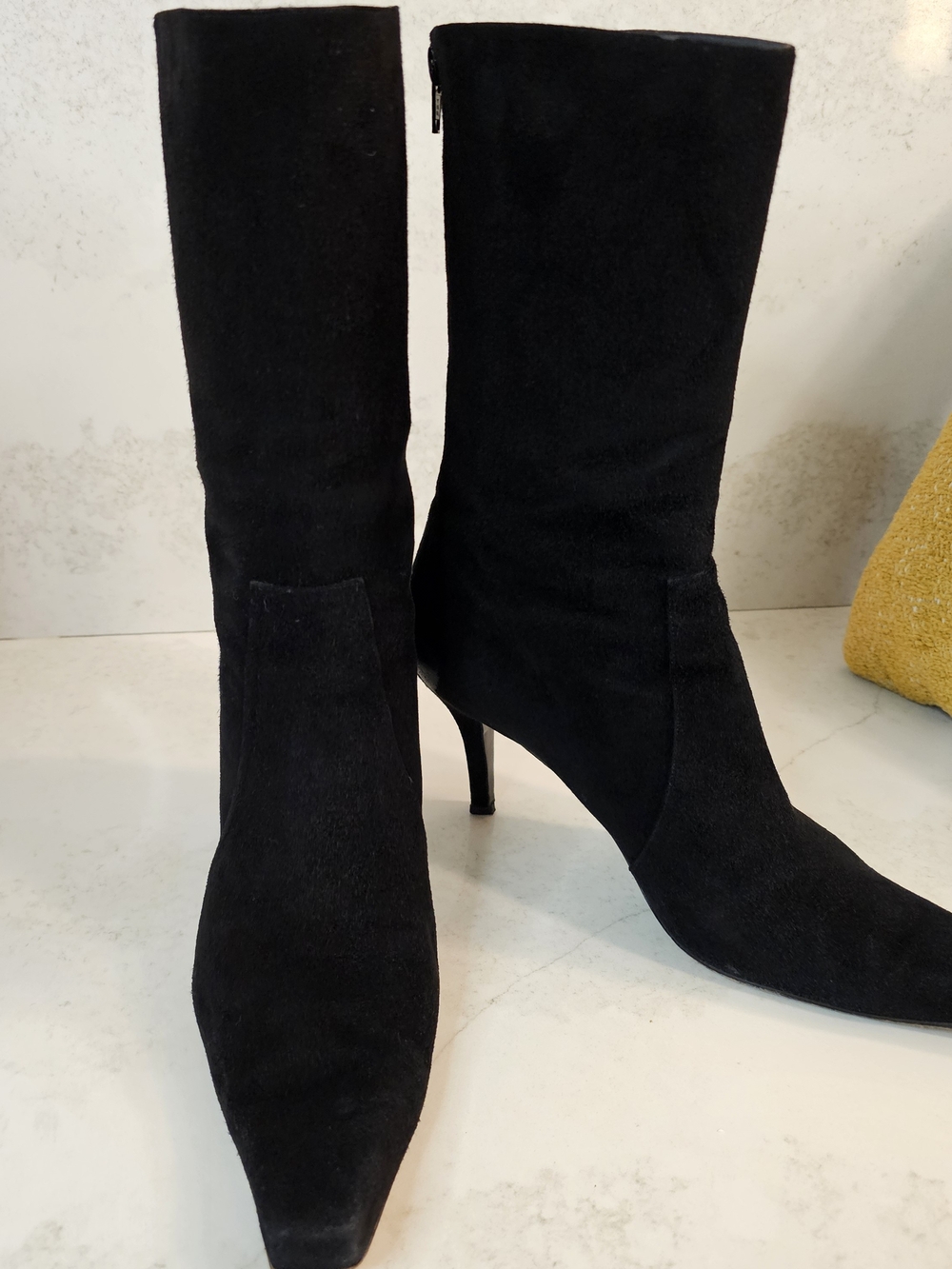 Stuart Weitzman Black Suede Mid-Calf Heeled Booties Women's Fashion Boots Spain